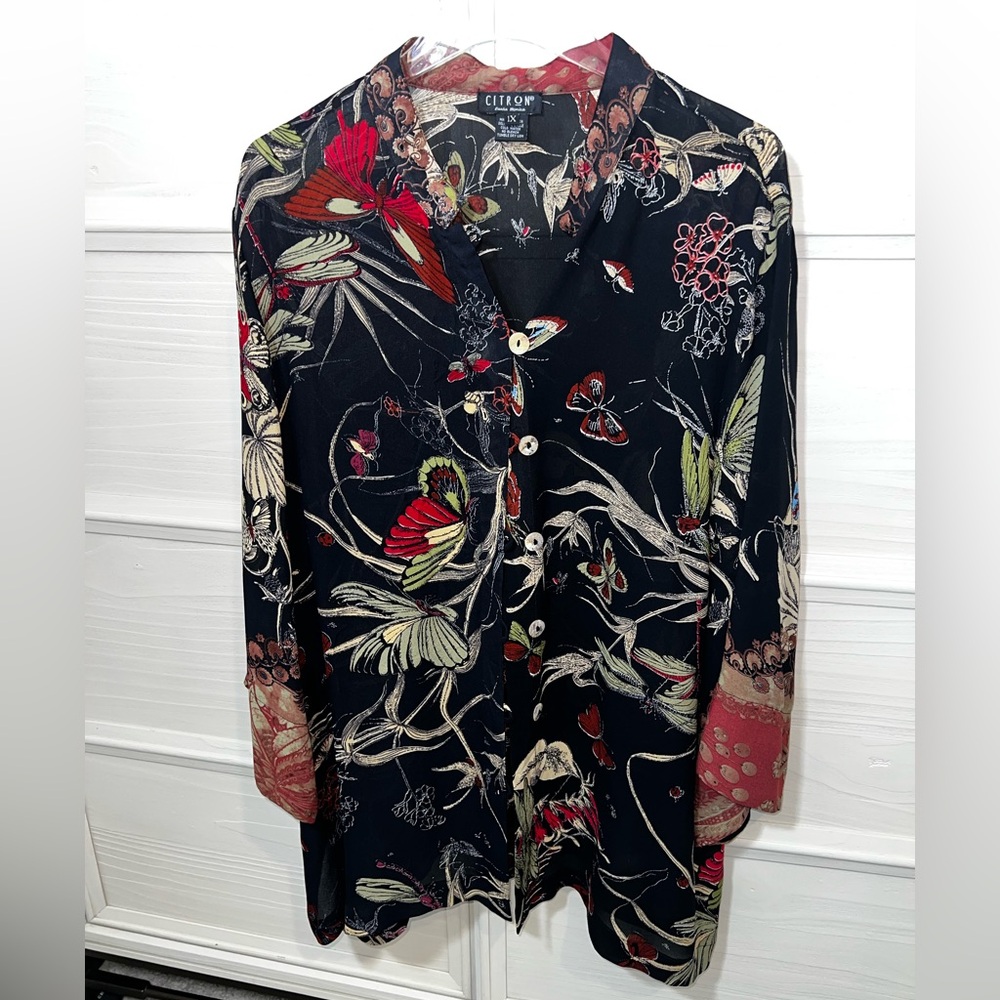Citron 100% Silk Black Floral Button Down Blouse Sz 1X - Picture 14 of 15